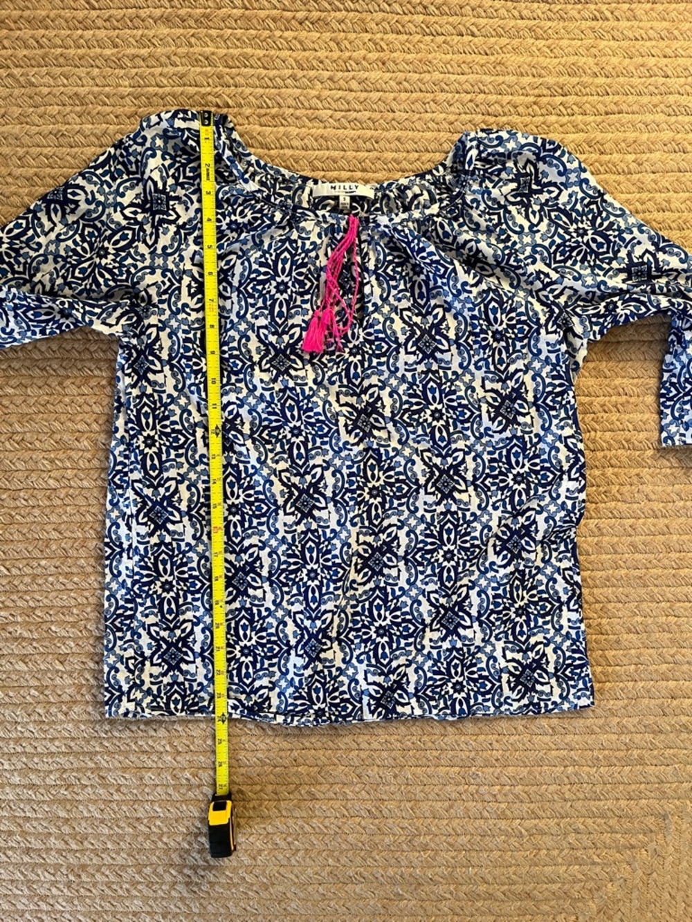 Milly Blue and White Printed Peasant Blouse with Pink Tassel - Picture 12 of 15